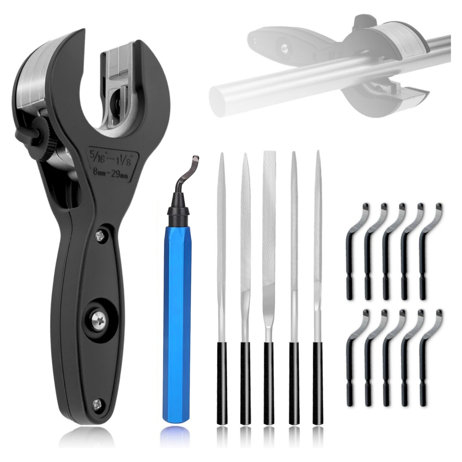 Pipe Cutter Ratchet - ラチェット式パイプカッター ヘビーデューティー銅管カッター バリ取りツール付き 5種類の多形状鋼製ヤスリ 銅・アルミ・PVCパイプ用